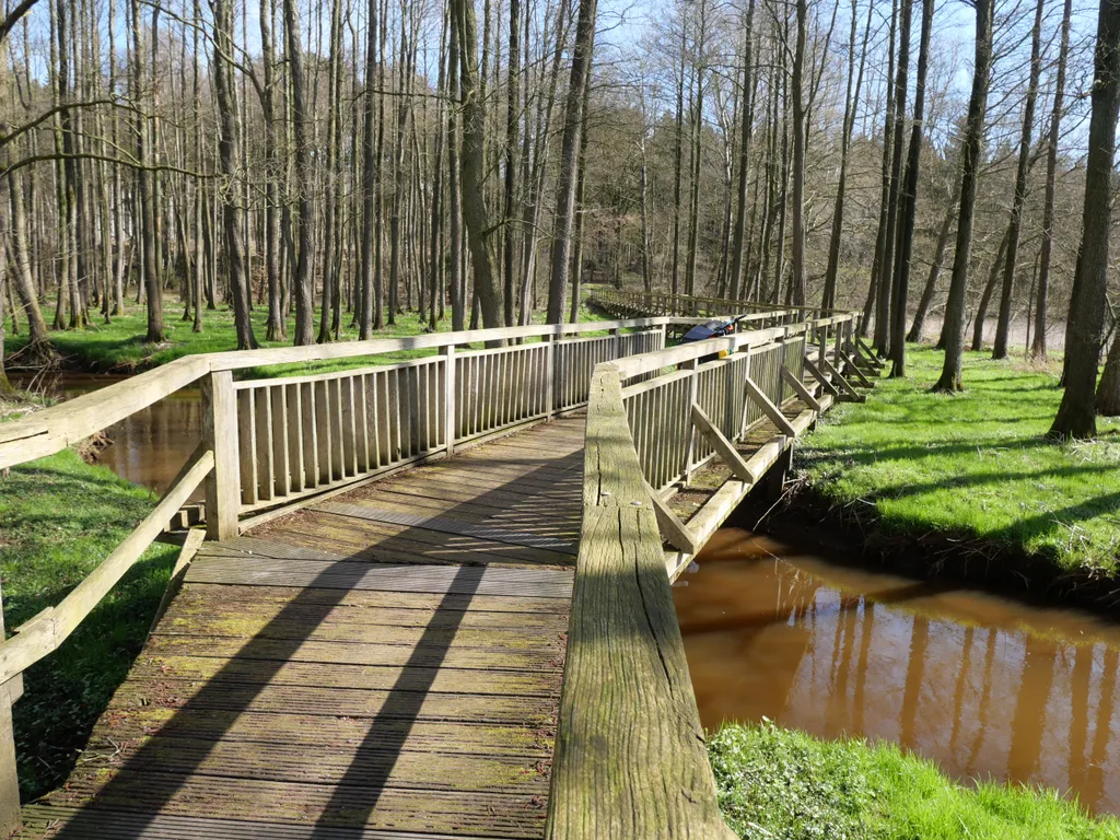 Eine Brücke führt über einen kleinen Fluss im Moor